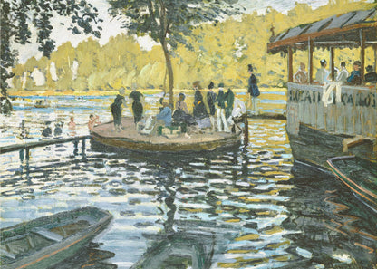 A framed reproduction of Claude Monet's impressionist painting, 'Bain à la Grenouillère'. The scene captures a riverside leisure spot with people on a small island and on a floating restaurant, with the water rendered in shimmering strokes of blue, green, and yellow. Poster