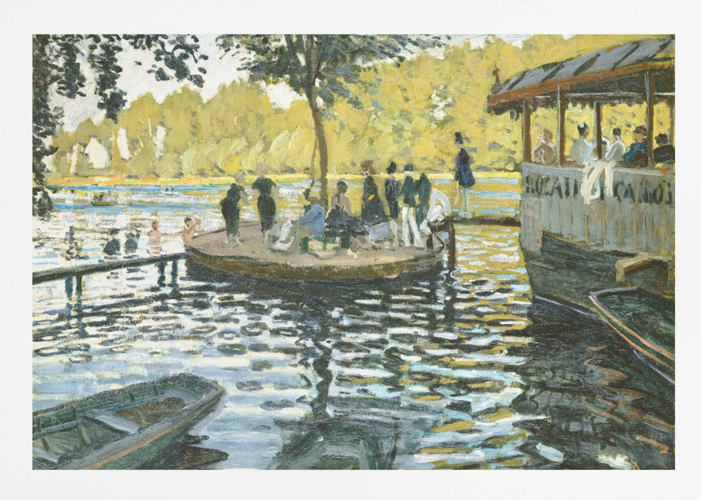 A framed reproduction of Claude Monet's impressionist painting, 'Bain à la Grenouillère'. The scene captures a riverside leisure spot with people on a small island and on a floating restaurant, with the water rendered in shimmering strokes of blue, green, and yellow. Poster