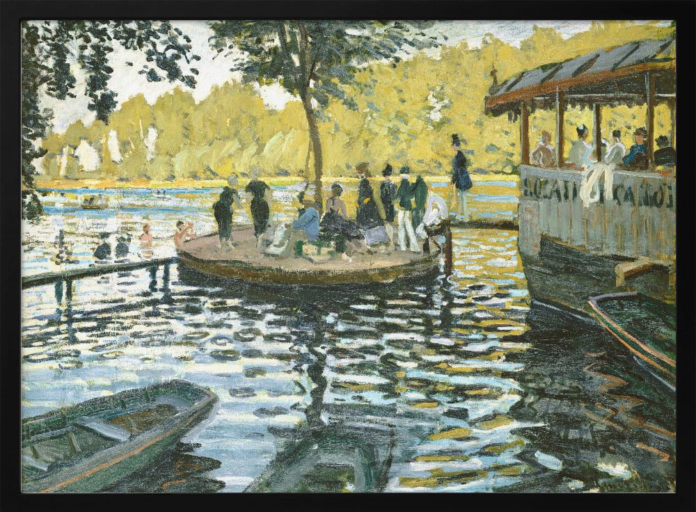 A framed reproduction of Claude Monet's impressionist painting, 'Bain à la Grenouillère'. The scene captures a riverside leisure spot with people on a small island and on a floating restaurant, with the water rendered in shimmering strokes of blue, green, and yellow. Poster