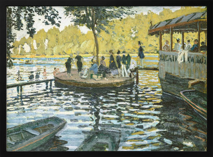 A framed reproduction of Claude Monet's impressionist painting, 'Bain à la Grenouillère'. The scene captures a riverside leisure spot with people on a small island and on a floating restaurant, with the water rendered in shimmering strokes of blue, green, and yellow. Poster