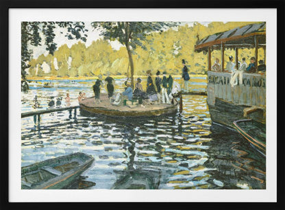 A framed reproduction of Claude Monet's impressionist painting, 'Bain à la Grenouillère'. The scene captures a riverside leisure spot with people on a small island and on a floating restaurant, with the water rendered in shimmering strokes of blue, green, and yellow. Poster
