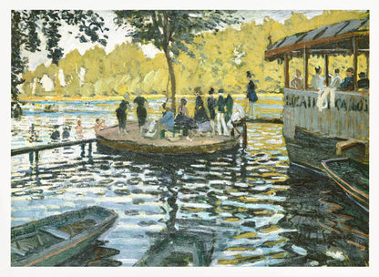A framed reproduction of Claude Monet's impressionist painting, 'Bain à la Grenouillère'. The scene captures a riverside leisure spot with people on a small island and on a floating restaurant, with the water rendered in shimmering strokes of blue, green, and yellow. Poster