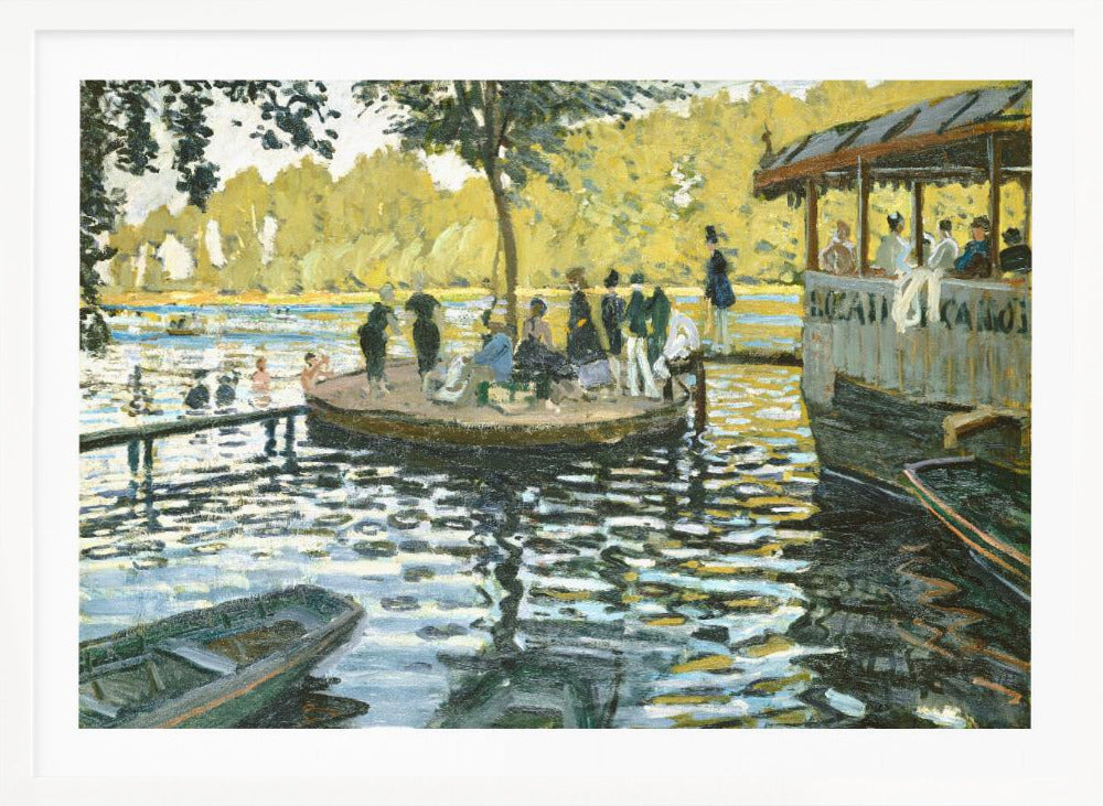 A framed reproduction of Claude Monet's impressionist painting, 'Bain à la Grenouillère'. The scene captures a riverside leisure spot with people on a small island and on a floating restaurant, with the water rendered in shimmering strokes of blue, green, and yellow. Poster