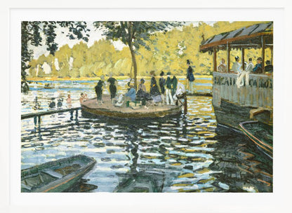 A framed reproduction of Claude Monet's impressionist painting, 'Bain à la Grenouillère'. The scene captures a riverside leisure spot with people on a small island and on a floating restaurant, with the water rendered in shimmering strokes of blue, green, and yellow. Poster