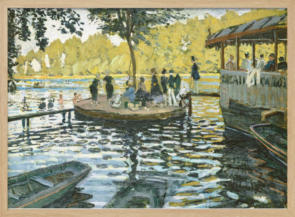 A framed reproduction of Claude Monet's impressionist painting, 'Bain à la Grenouillère'. The scene captures a riverside leisure spot with people on a small island and on a floating restaurant, with the water rendered in shimmering strokes of blue, green, and yellow. Poster