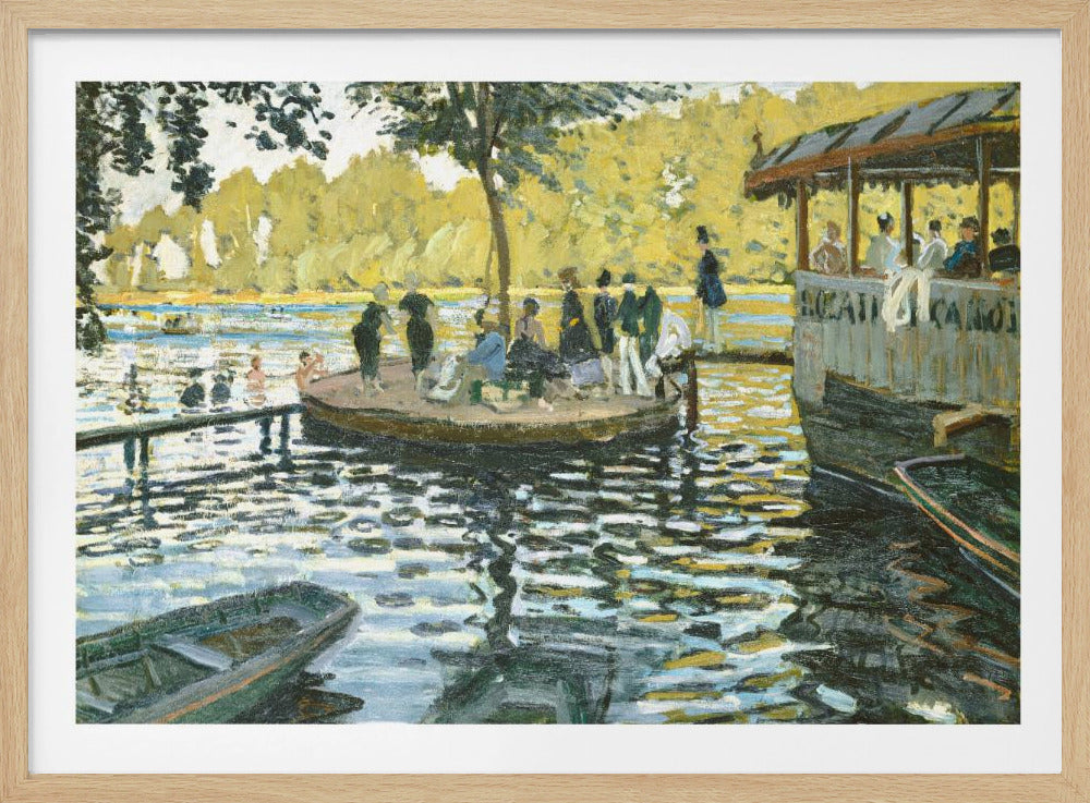 A framed reproduction of Claude Monet's impressionist painting, 'Bain à la Grenouillère'. The scene captures a riverside leisure spot with people on a small island and on a floating restaurant, with the water rendered in shimmering strokes of blue, green, and yellow. Poster