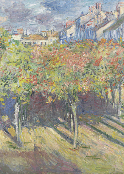 An impressionist painting of a sun-dappled landscape. Colorful autumn trees and vines fill the foreground, casting long shadows on the grassy ground. In the background, a row of buildings with white and blue walls and red roofs rises up under a cloudy sky. Print
