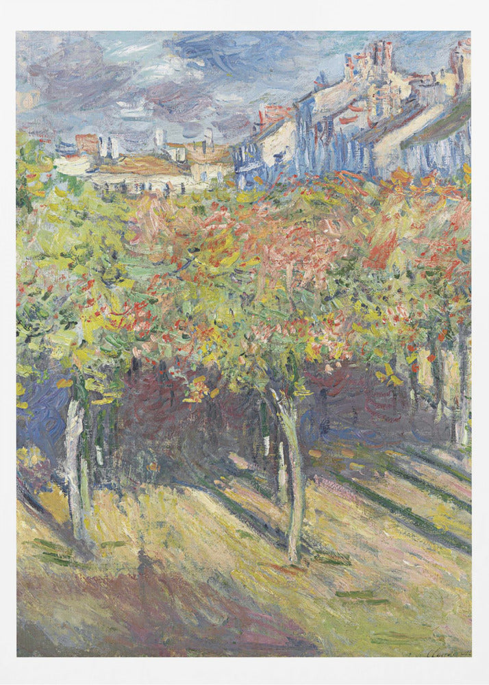An impressionist painting of a sun-dappled landscape. Colorful autumn trees and vines fill the foreground, casting long shadows on the grassy ground. In the background, a row of buildings with white and blue walls and red roofs rises up under a cloudy sky. Print