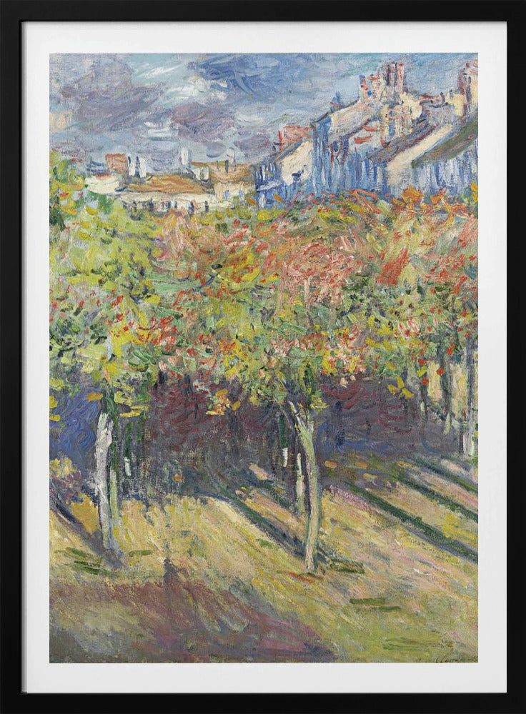 An impressionist painting of a sun-dappled landscape. Colorful autumn trees and vines fill the foreground, casting long shadows on the grassy ground. In the background, a row of buildings with white and blue walls and red roofs rises up under a cloudy sky. Print