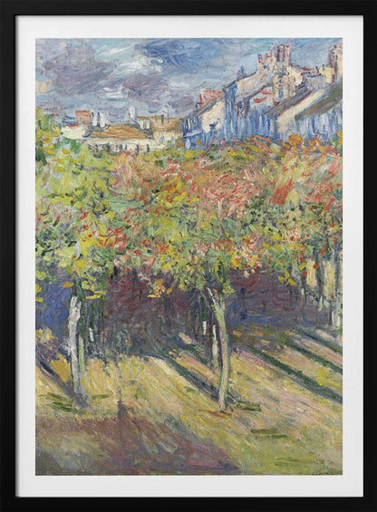 An impressionist painting of a sun-dappled landscape. Colorful autumn trees and vines fill the foreground, casting long shadows on the grassy ground. In the background, a row of buildings with white and blue walls and red roofs rises up under a cloudy sky. Print