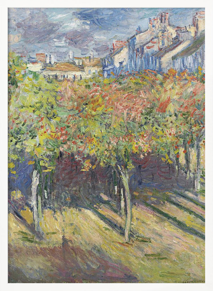 An impressionist painting of a sun-dappled landscape. Colorful autumn trees and vines fill the foreground, casting long shadows on the grassy ground. In the background, a row of buildings with white and blue walls and red roofs rises up under a cloudy sky. Print