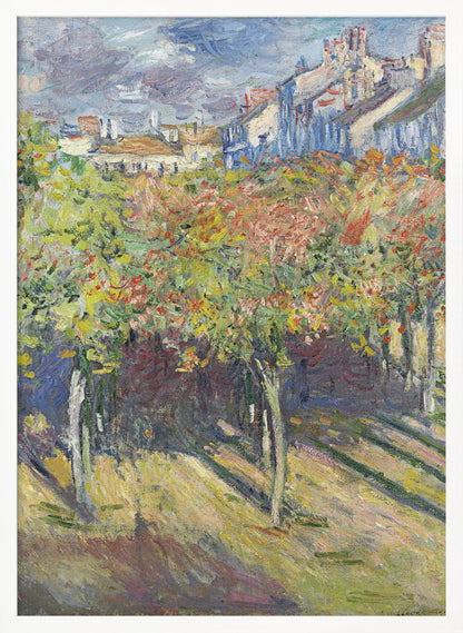 An impressionist painting of a sun-dappled landscape. Colorful autumn trees and vines fill the foreground, casting long shadows on the grassy ground. In the background, a row of buildings with white and blue walls and red roofs rises up under a cloudy sky. Print