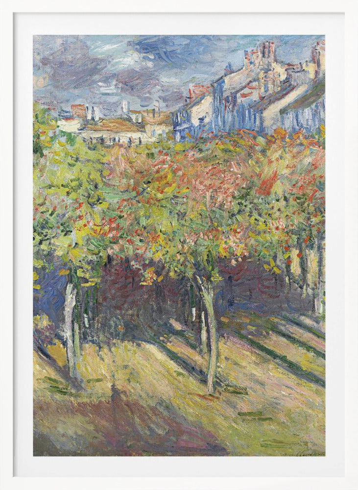 An impressionist painting of a sun-dappled landscape. Colorful autumn trees and vines fill the foreground, casting long shadows on the grassy ground. In the background, a row of buildings with white and blue walls and red roofs rises up under a cloudy sky. Print