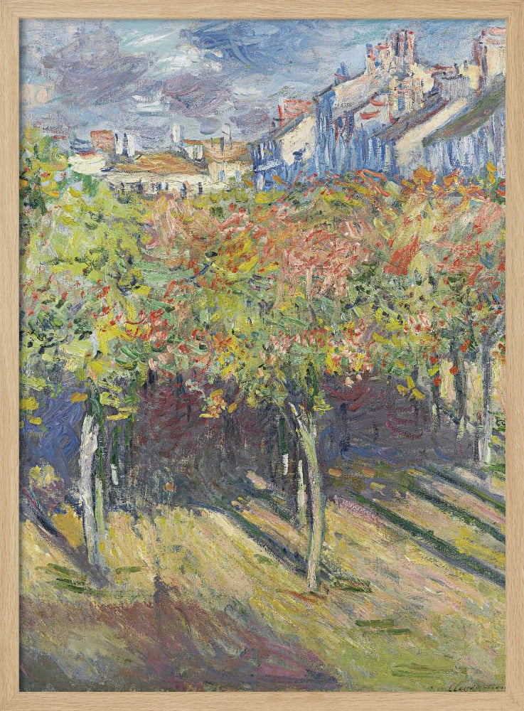 An impressionist painting of a sun-dappled landscape. Colorful autumn trees and vines fill the foreground, casting long shadows on the grassy ground. In the background, a row of buildings with white and blue walls and red roofs rises up under a cloudy sky. Print