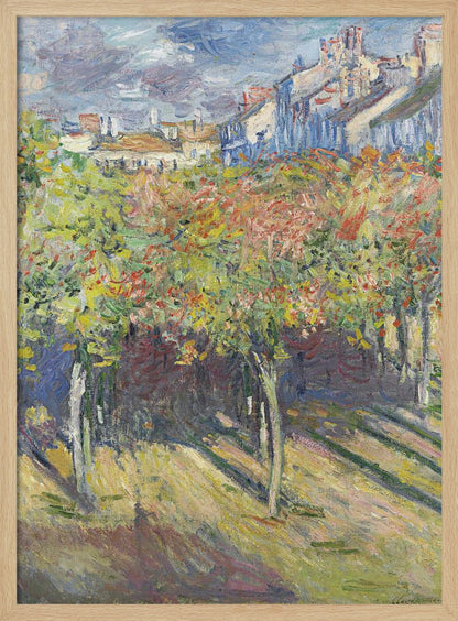 An impressionist painting of a sun-dappled landscape. Colorful autumn trees and vines fill the foreground, casting long shadows on the grassy ground. In the background, a row of buildings with white and blue walls and red roofs rises up under a cloudy sky. Print