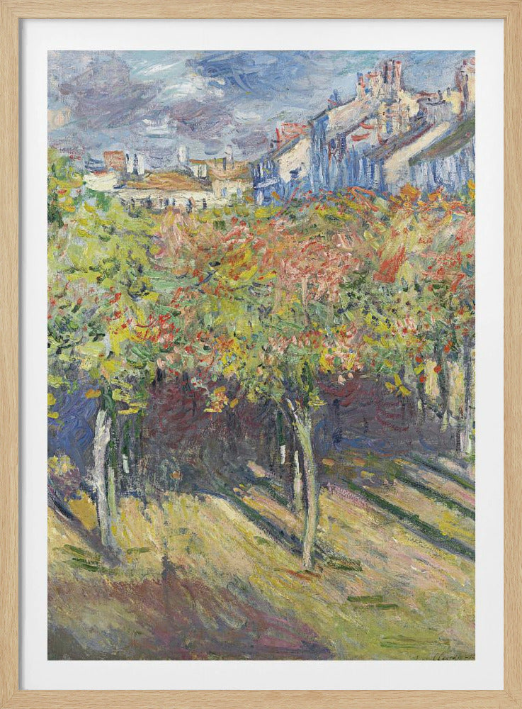 An impressionist painting of a sun-dappled landscape. Colorful autumn trees and vines fill the foreground, casting long shadows on the grassy ground. In the background, a row of buildings with white and blue walls and red roofs rises up under a cloudy sky. Print