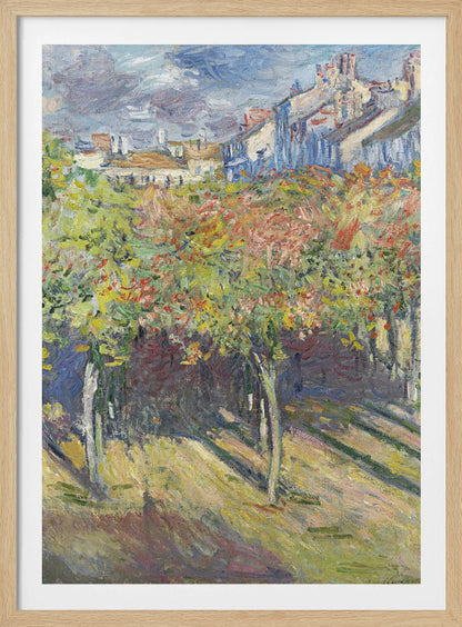 An impressionist painting of a sun-dappled landscape. Colorful autumn trees and vines fill the foreground, casting long shadows on the grassy ground. In the background, a row of buildings with white and blue walls and red roofs rises up under a cloudy sky. Print