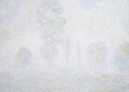 An impressionist painting of a foggy or frosty landscape, rendered in pale, hazy shades of white, gray, and light blue, with faint outlines of trees. The artwork is presented in a simple silver frame. Artwork