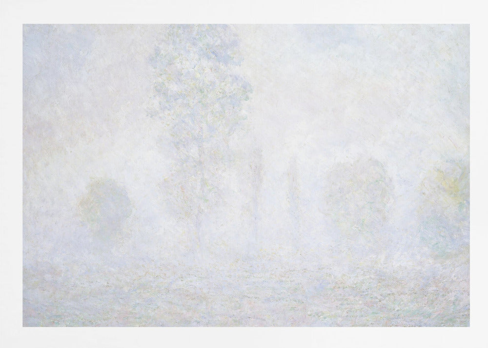 An impressionist painting of a foggy or frosty landscape, rendered in pale, hazy shades of white, gray, and light blue, with faint outlines of trees. The artwork is presented in a simple silver frame. Artwork