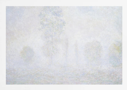 An impressionist painting of a foggy or frosty landscape, rendered in pale, hazy shades of white, gray, and light blue, with faint outlines of trees. The artwork is presented in a simple silver frame. Artwork