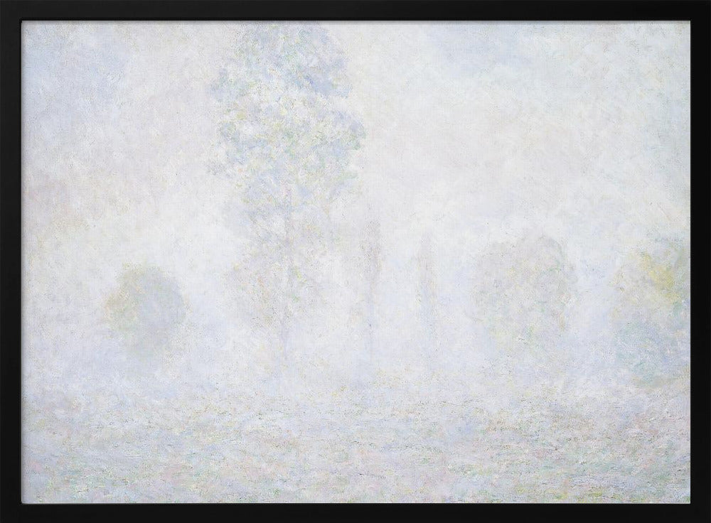 An impressionist painting of a foggy or frosty landscape, rendered in pale, hazy shades of white, gray, and light blue, with faint outlines of trees. The artwork is presented in a simple silver frame. Artwork