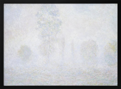 An impressionist painting of a foggy or frosty landscape, rendered in pale, hazy shades of white, gray, and light blue, with faint outlines of trees. The artwork is presented in a simple silver frame. Artwork