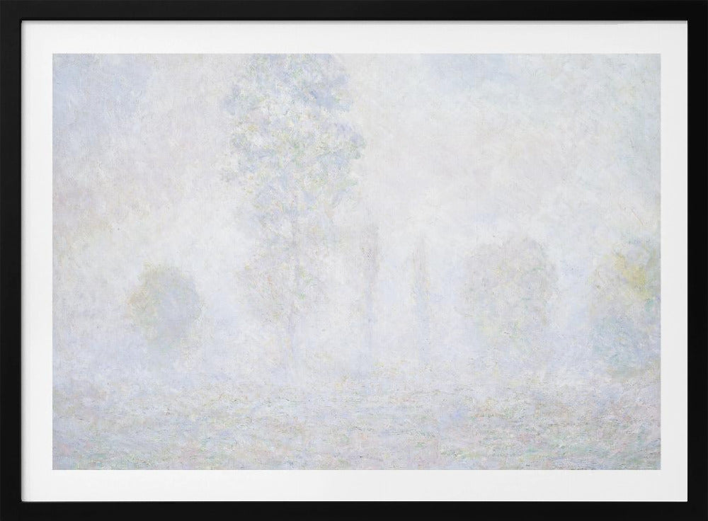 An impressionist painting of a foggy or frosty landscape, rendered in pale, hazy shades of white, gray, and light blue, with faint outlines of trees. The artwork is presented in a simple silver frame. Artwork