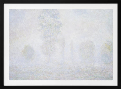 An impressionist painting of a foggy or frosty landscape, rendered in pale, hazy shades of white, gray, and light blue, with faint outlines of trees. The artwork is presented in a simple silver frame. Artwork