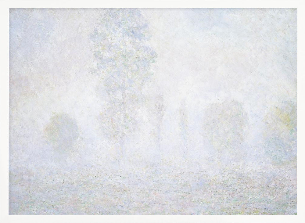 An impressionist painting of a foggy or frosty landscape, rendered in pale, hazy shades of white, gray, and light blue, with faint outlines of trees. The artwork is presented in a simple silver frame. Artwork