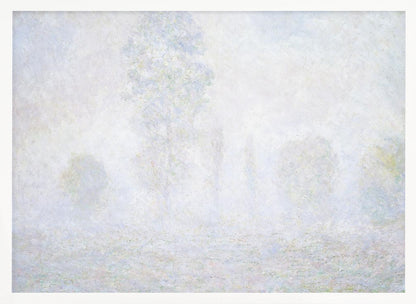 An impressionist painting of a foggy or frosty landscape, rendered in pale, hazy shades of white, gray, and light blue, with faint outlines of trees. The artwork is presented in a simple silver frame. Artwork