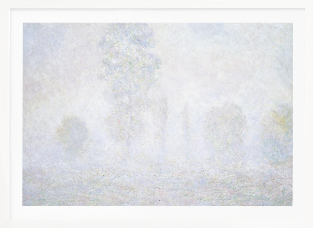 An impressionist painting of a foggy or frosty landscape, rendered in pale, hazy shades of white, gray, and light blue, with faint outlines of trees. The artwork is presented in a simple silver frame. Artwork