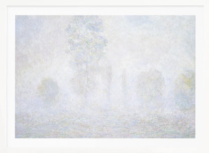 An impressionist painting of a foggy or frosty landscape, rendered in pale, hazy shades of white, gray, and light blue, with faint outlines of trees. The artwork is presented in a simple silver frame. Artwork