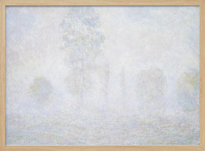 An impressionist painting of a foggy or frosty landscape, rendered in pale, hazy shades of white, gray, and light blue, with faint outlines of trees. The artwork is presented in a simple silver frame. Artwork