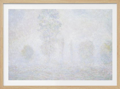 An impressionist painting of a foggy or frosty landscape, rendered in pale, hazy shades of white, gray, and light blue, with faint outlines of trees. The artwork is presented in a simple silver frame. Artwork