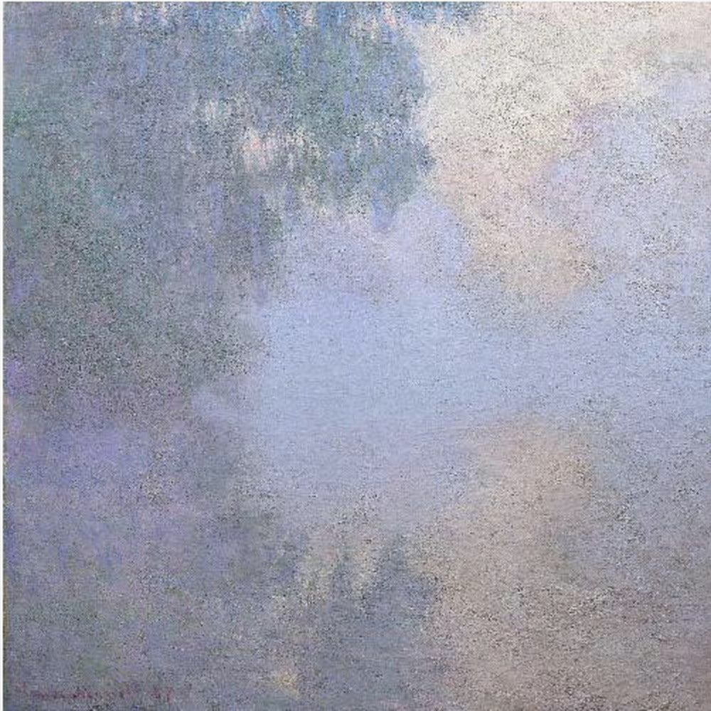 A square abstract painting in a light wood frame. The artwork has a rough texture and features a blend of muted colors, including shades of periwinkle blue, lavender, and grey, with a brighter, silvery-white area in the upper right, creating a cloudy, atmospheric effect. Poster