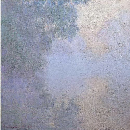 A square abstract painting in a light wood frame. The artwork has a rough texture and features a blend of muted colors, including shades of periwinkle blue, lavender, and grey, with a brighter, silvery-white area in the upper right, creating a cloudy, atmospheric effect. Poster