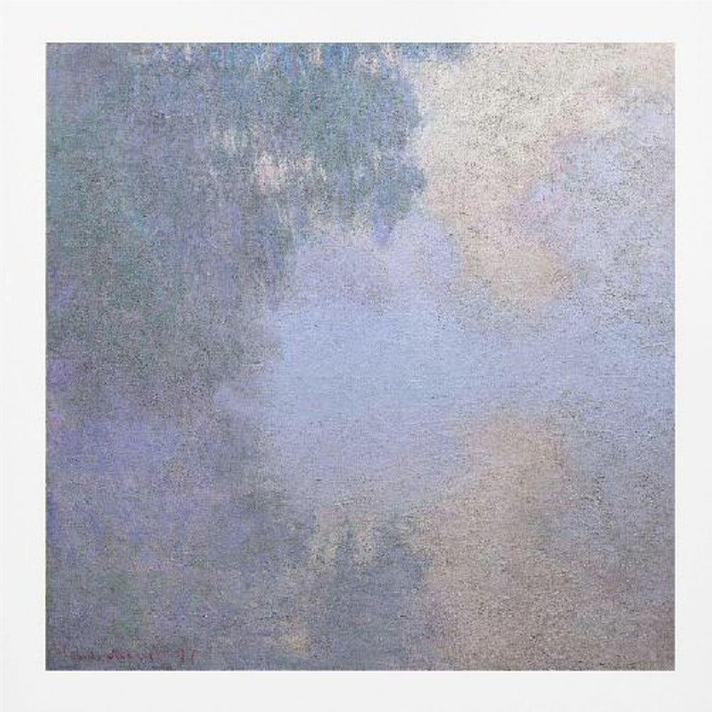 A square abstract painting in a light wood frame. The artwork has a rough texture and features a blend of muted colors, including shades of periwinkle blue, lavender, and grey, with a brighter, silvery-white area in the upper right, creating a cloudy, atmospheric effect. Poster