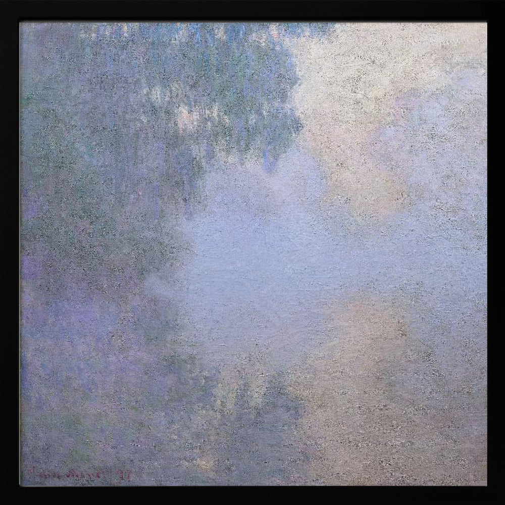 A square abstract painting in a light wood frame. The artwork has a rough texture and features a blend of muted colors, including shades of periwinkle blue, lavender, and grey, with a brighter, silvery-white area in the upper right, creating a cloudy, atmospheric effect. Poster