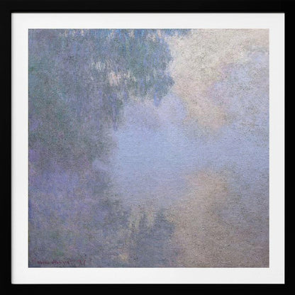 A square abstract painting in a light wood frame. The artwork has a rough texture and features a blend of muted colors, including shades of periwinkle blue, lavender, and grey, with a brighter, silvery-white area in the upper right, creating a cloudy, atmospheric effect. Poster