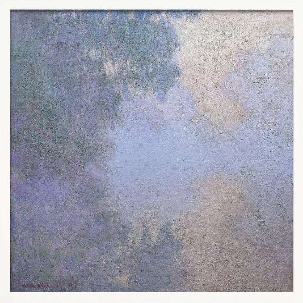 A square abstract painting in a light wood frame. The artwork has a rough texture and features a blend of muted colors, including shades of periwinkle blue, lavender, and grey, with a brighter, silvery-white area in the upper right, creating a cloudy, atmospheric effect. Poster