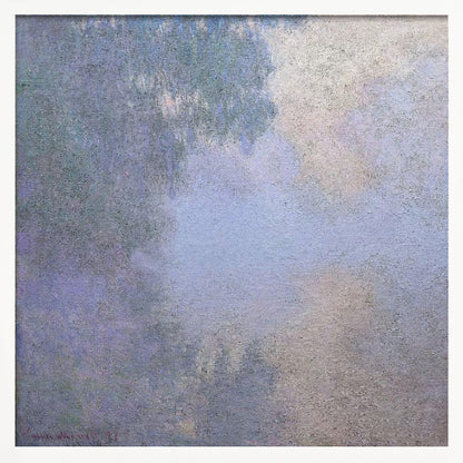 A square abstract painting in a light wood frame. The artwork has a rough texture and features a blend of muted colors, including shades of periwinkle blue, lavender, and grey, with a brighter, silvery-white area in the upper right, creating a cloudy, atmospheric effect. Poster