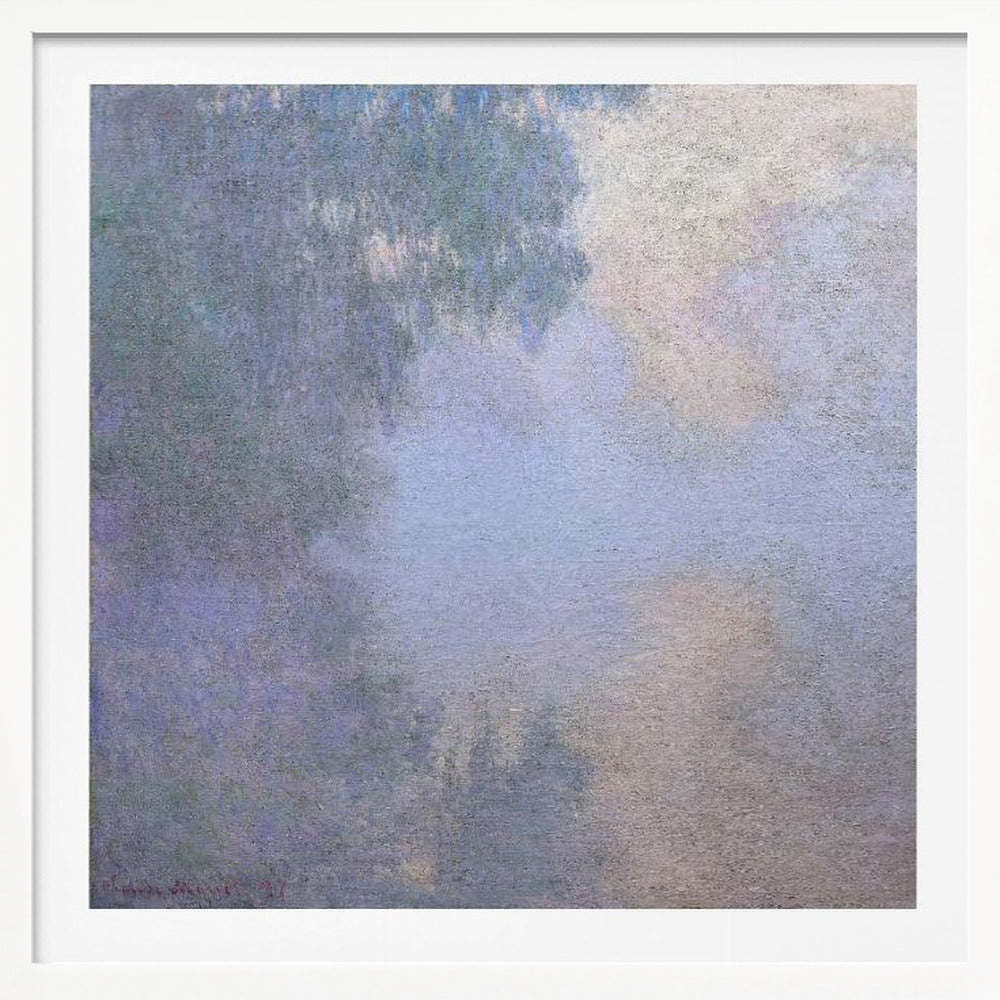 A square abstract painting in a light wood frame. The artwork has a rough texture and features a blend of muted colors, including shades of periwinkle blue, lavender, and grey, with a brighter, silvery-white area in the upper right, creating a cloudy, atmospheric effect. Poster