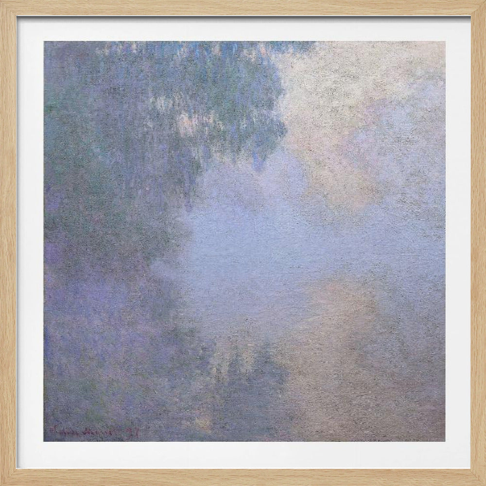 A square abstract painting in a light wood frame. The artwork has a rough texture and features a blend of muted colors, including shades of periwinkle blue, lavender, and grey, with a brighter, silvery-white area in the upper right, creating a cloudy, atmospheric effect. Poster