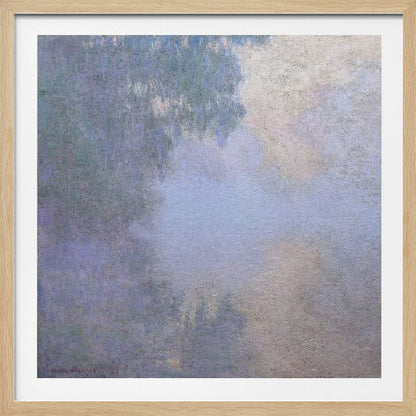 A square abstract painting in a light wood frame. The artwork has a rough texture and features a blend of muted colors, including shades of periwinkle blue, lavender, and grey, with a brighter, silvery-white area in the upper right, creating a cloudy, atmospheric effect. Poster