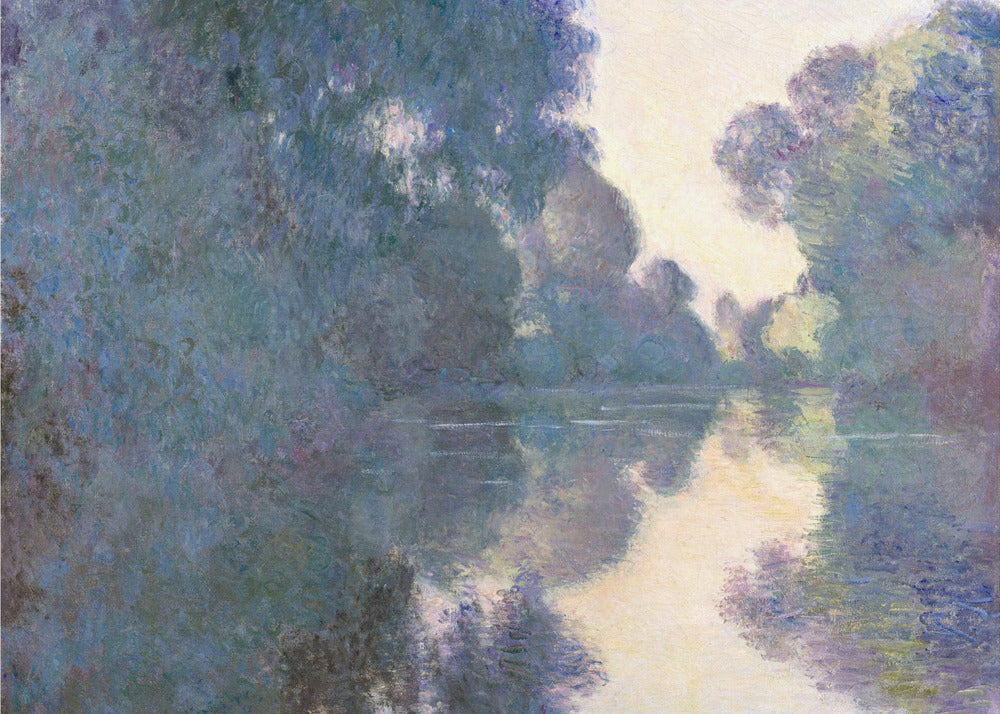 An Impressionist painting in a silver frame depicting a hazy river scene. Lush trees in shades of blue and purple line the banks, their forms and a patch of pale yellow sky softly reflected in the calm water. Artwork