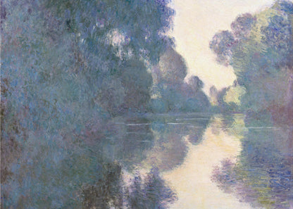 An Impressionist painting in a silver frame depicting a hazy river scene. Lush trees in shades of blue and purple line the banks, their forms and a patch of pale yellow sky softly reflected in the calm water. Artwork