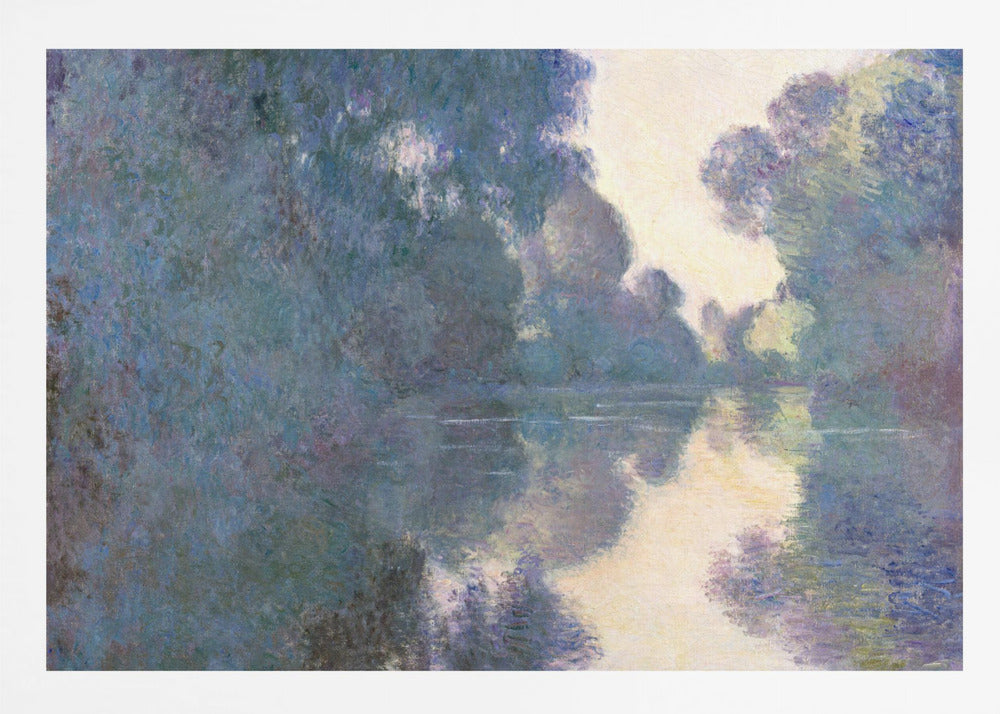 An Impressionist painting in a silver frame depicting a hazy river scene. Lush trees in shades of blue and purple line the banks, their forms and a patch of pale yellow sky softly reflected in the calm water. Artwork