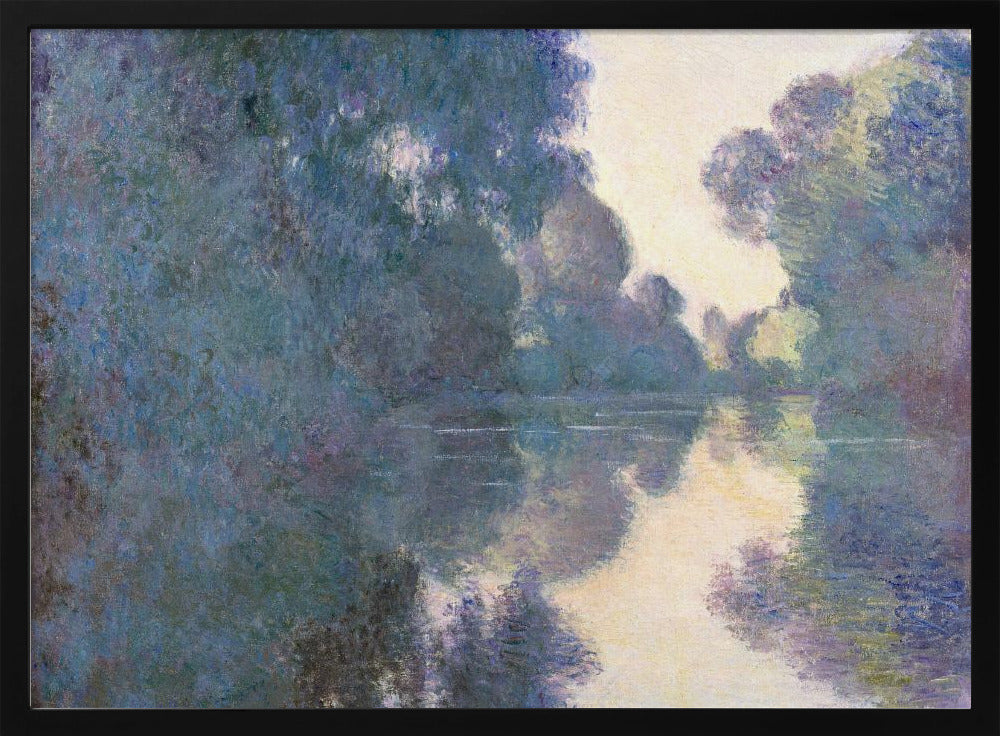 An Impressionist painting in a silver frame depicting a hazy river scene. Lush trees in shades of blue and purple line the banks, their forms and a patch of pale yellow sky softly reflected in the calm water. Artwork