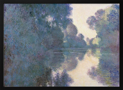 An Impressionist painting in a silver frame depicting a hazy river scene. Lush trees in shades of blue and purple line the banks, their forms and a patch of pale yellow sky softly reflected in the calm water. Artwork