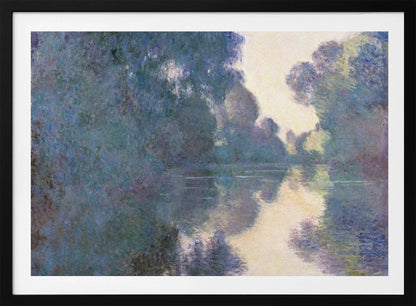 An Impressionist painting in a silver frame depicting a hazy river scene. Lush trees in shades of blue and purple line the banks, their forms and a patch of pale yellow sky softly reflected in the calm water. Artwork